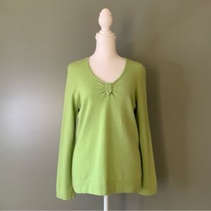 Jones New York 100% Cashmere Sweater Soft Green V-neck Long Sleeves Ruched
